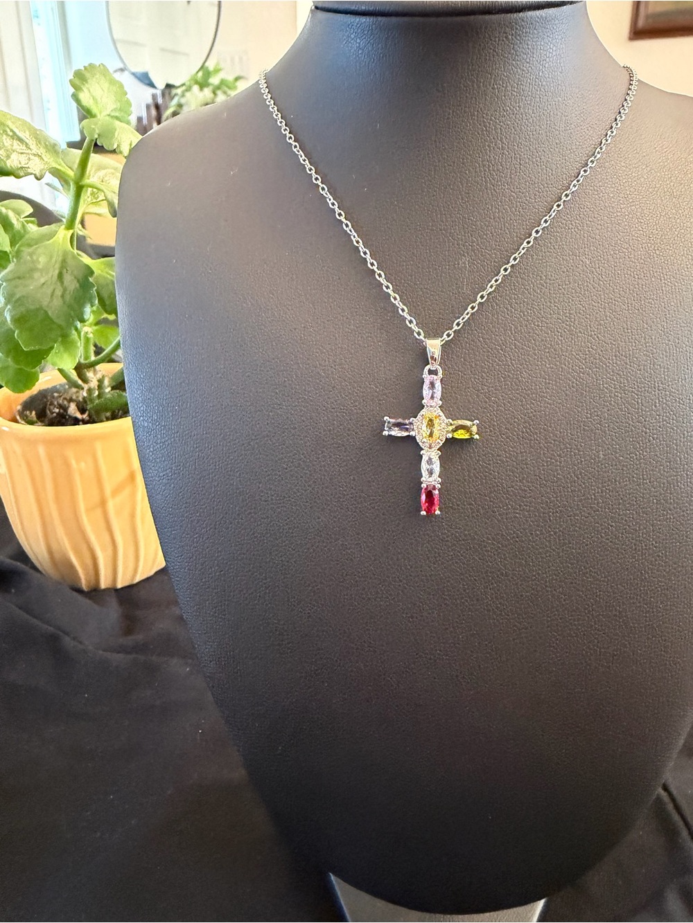 Multi-Color Gemstone Cross Pendant Necklace - Silver Chain